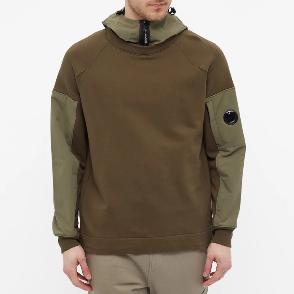 Cp Company Diagonal Raised Mixed Shell Hoodie In Ivy Green