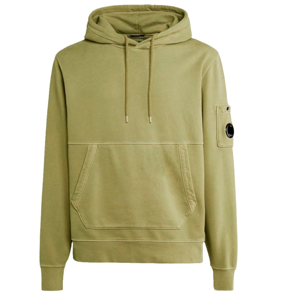 Cp Company Garment Dyed Overhead Lens Hoodie In Green Olive